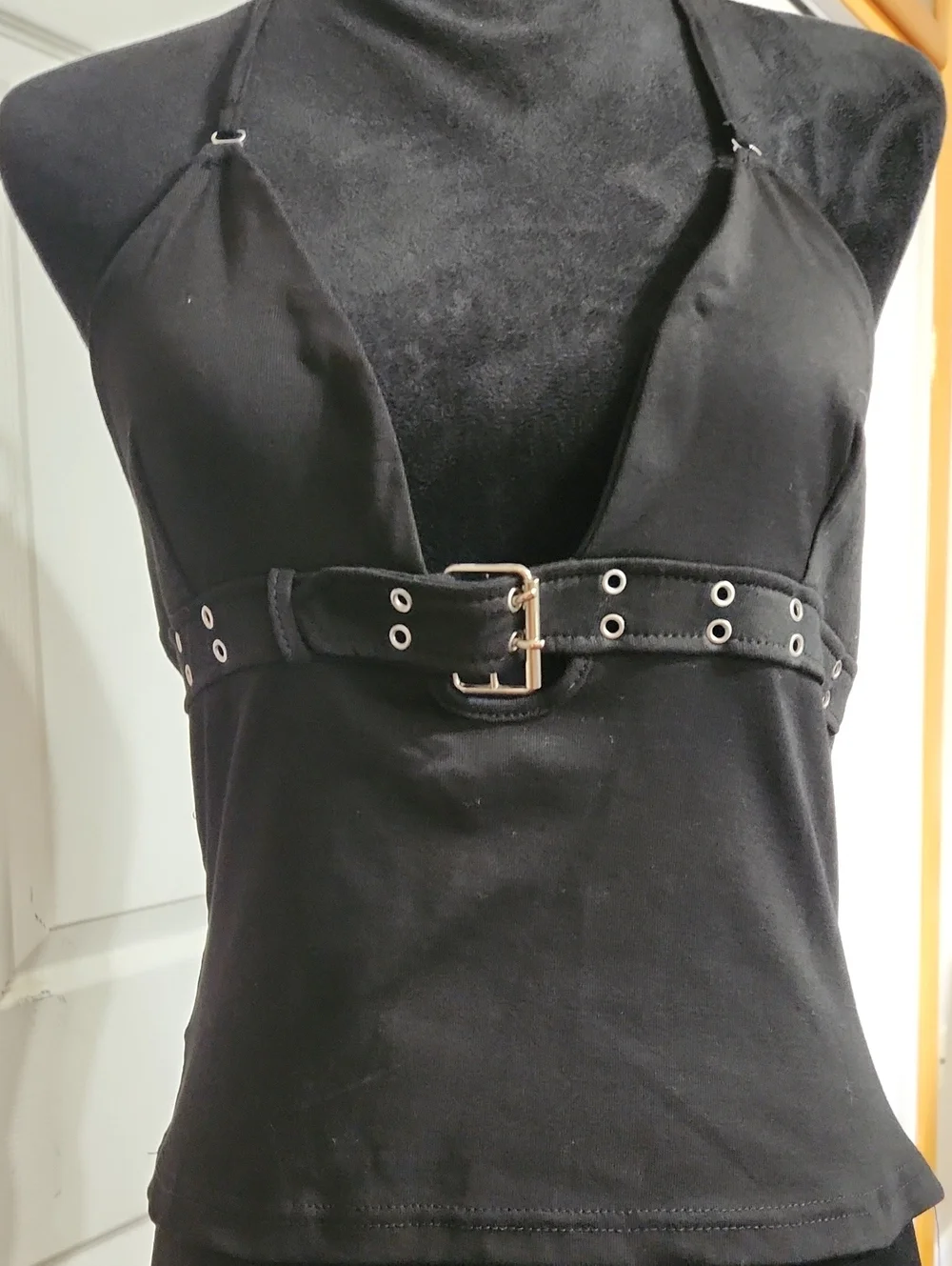 Black Grommet Belted Halter Top – Waist-Defining Women's Tank